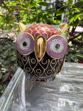 Vintage Gold, Black, Purple, Red Cloisonné Owl Accent Petite